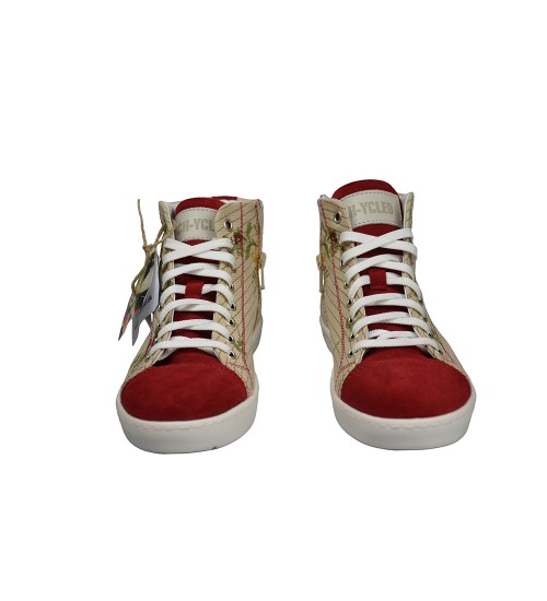 Woman's sneakers handmade red suede leather and flowers.